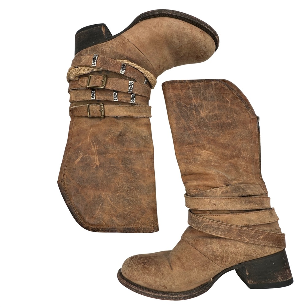 Freebird Drove Leather Strap Harness Boots 9 Distressed Western Boho Steampunk